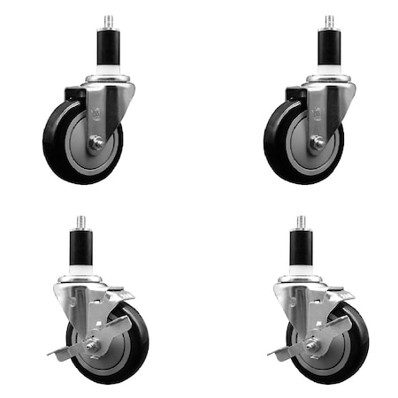 Service Caster 4'' SS Black Poly Wheel Swivel 1-3/8'' Expanding Stem Caster Set 2 Brakes, 4PK SCC-SSEX20S414-PPUB-BLK-2-TLB-2-138